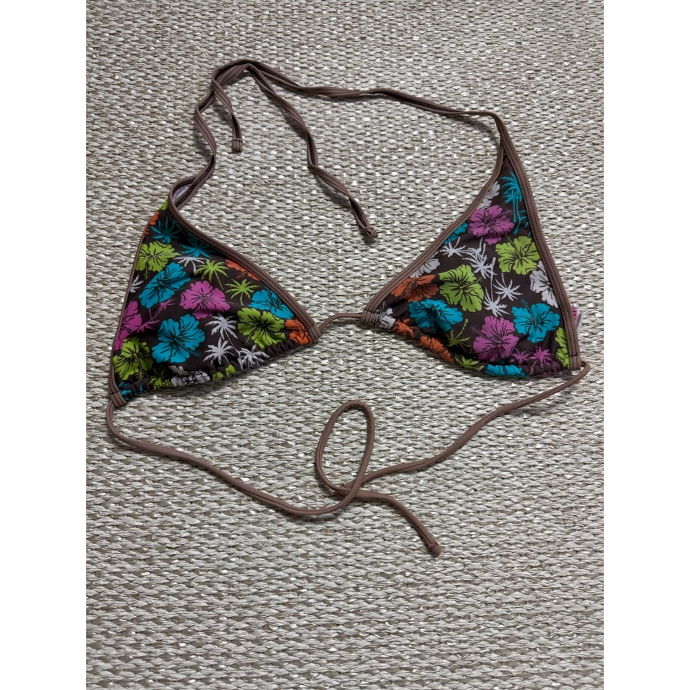 Winki‎ Brown Tropical Hibiscus Tree Triangle Bikini Top vintage Y2K L